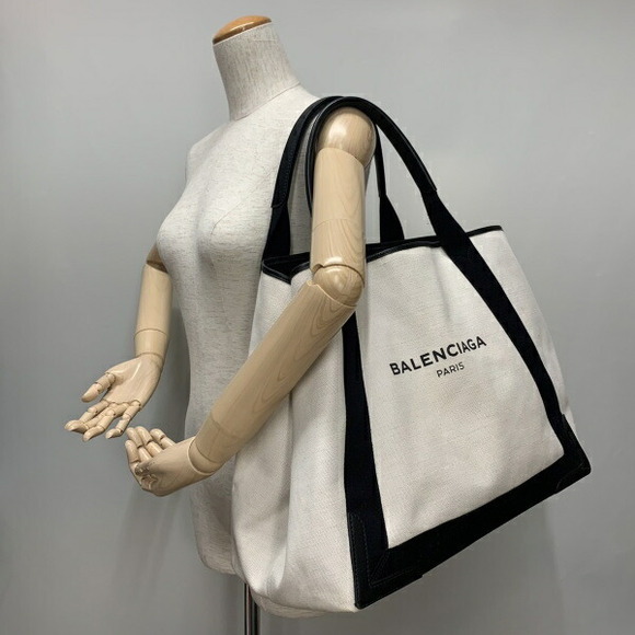 Balenciaga Tote Bag Navy Blue Cabas Canvas Leather Black White - Picture 3 of 7